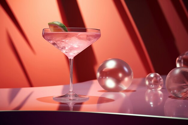 View of cocktail drink in glass with neo-futuristic set