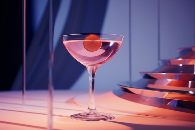 View of cocktail drink in glass with neo-futuristic set