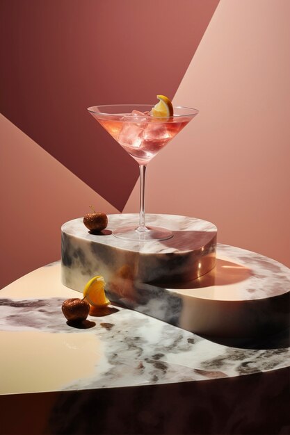 Вид на коктейльную смесь в стакане с абстрактным неофутуристическим набором