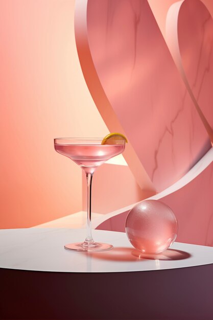 View of cocktail mix in glass with abstract neo-futuristic set