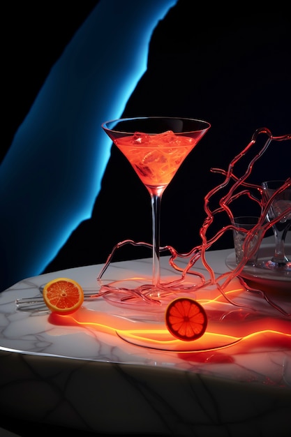 View of cocktail mix in glass with abstract neo-futuristic set