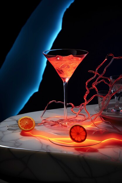 Вид на коктейльную смесь в стакане с абстрактным неофутуристическим набором