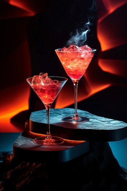 View of cocktail mix in glass with abstract neo-futuristic set