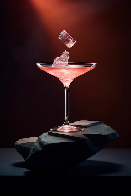View of cocktail mix in glass with abstract neo-futuristic set