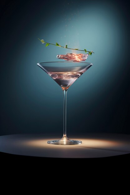 View of cocktail mix in glass with abstract neo-futuristic set