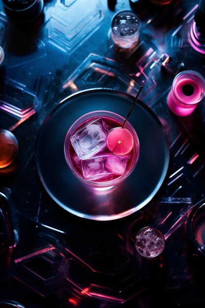 View of cocktail mix in glass with abstract neo-futuristic set