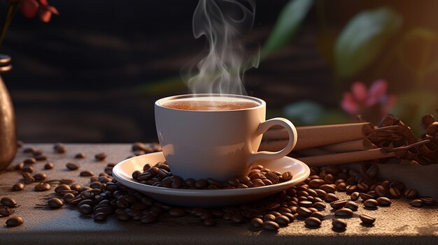View of coffee cup with roasted coffee beans