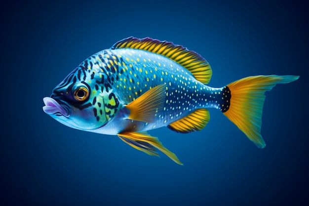 수 중에서 수영 하는 다채로운 3d 물고기의 보기