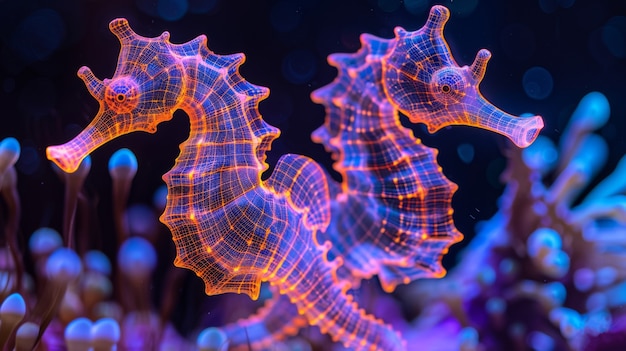 Foto gratuita vista di colorate luci al neon brillanti cavalluccio di mare animale