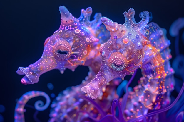 Free photo view of colorful bright neon lights seahorse animal