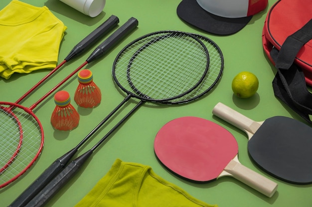 View of composition with neatly arranged and organized sport items