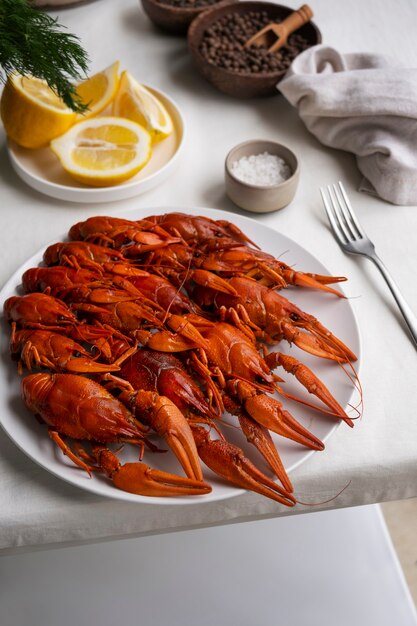 Free photo view of cooked and ready to be eaten crawfish