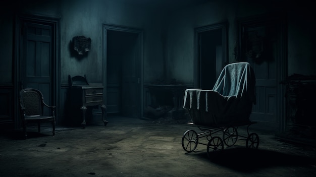View of creepy baby stroller in a dark room