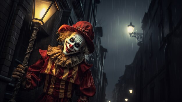 view of creepy clown at night with lights