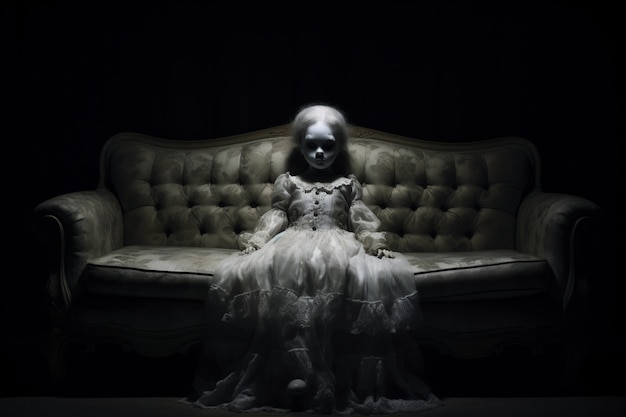 Free photo view of creepy doll on the couch