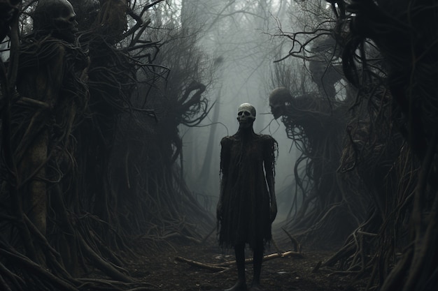 View of creepy entities in a foggy forest