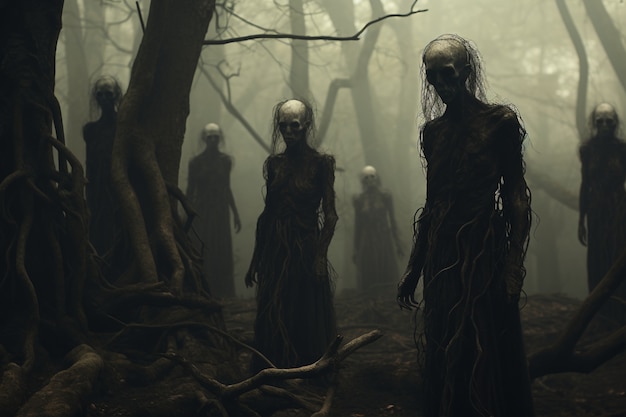 View of creepy entities in a foggy forest