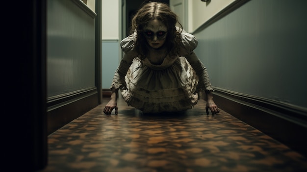 Foto gratuita vista di un'entità ragazza inquietante nel corridoio