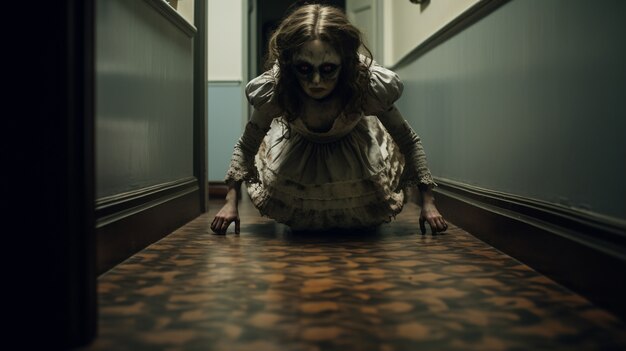 view of creepy girl entity on the hallway
