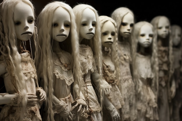 Free photo view of creepy white dolls