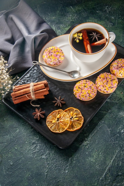 above view cup of tea with sweet biscuits in plate and tray on dark surface ceremony glass sweet breakfast cake dessert color sugar