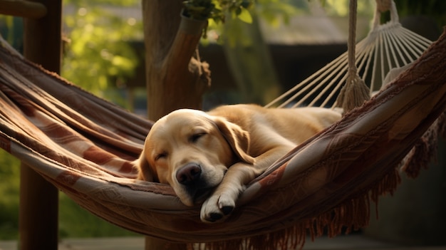 Free photo view of cute dog sleeping in hammock