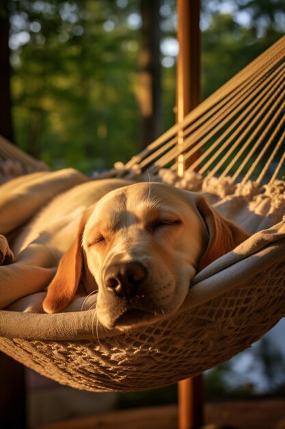 ハンモックで寝ているかわいい犬の眺め