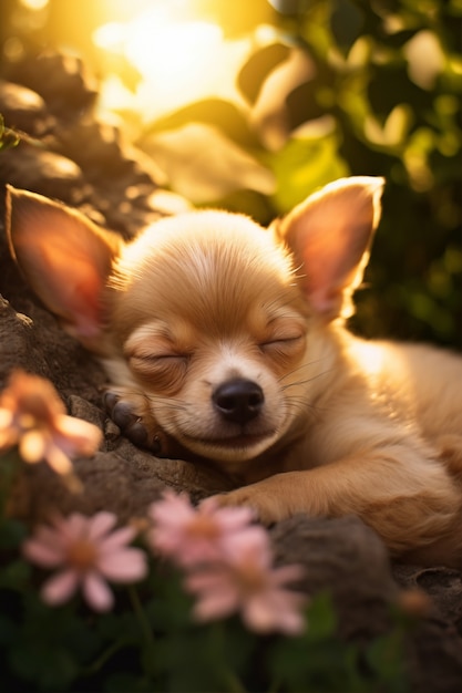 自然の中で屋外で寝ているかわいい犬の眺め