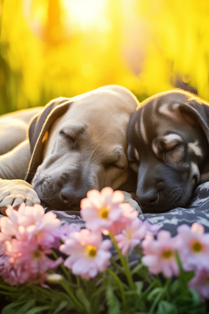 View of cute dog sleeping outdoors in nature