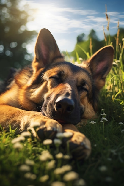 自然の中で屋外で寝ているかわいい犬の眺め