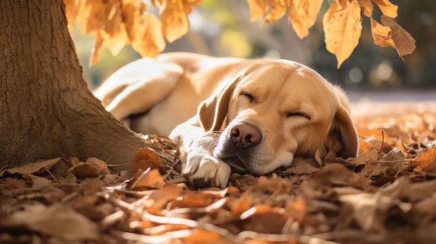 Free photo view of cute dog sleeping outdoors in nature