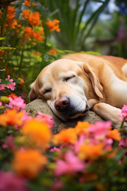 View of cute dog sleeping outdoors in nature