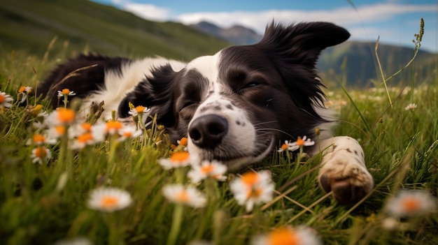 Foto gratuita vista del simpatico cane che dorme all'aperto nella natura