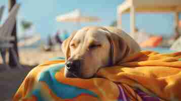 Foto gratuita vista del simpatico cane che dorme pacificamente in spiaggia