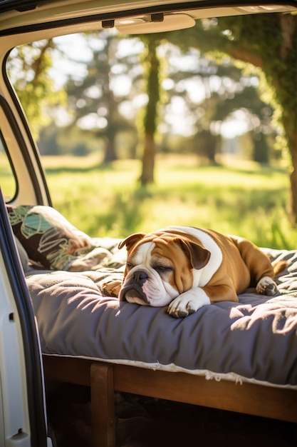 View of cute dog sleeping peacefully in the car
