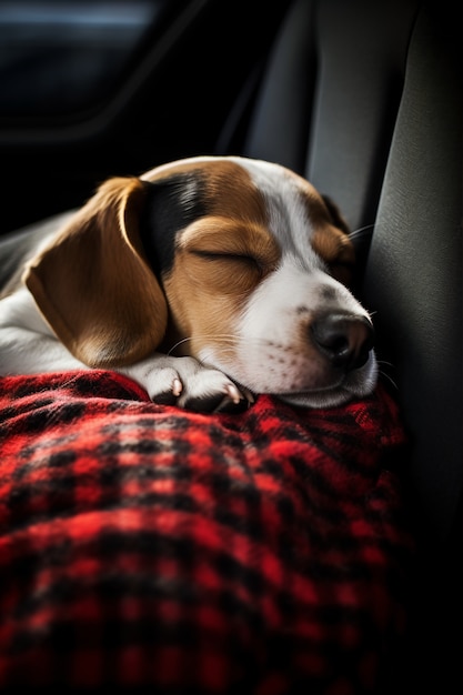 Free photo view of cute dog sleeping peacefully in the car