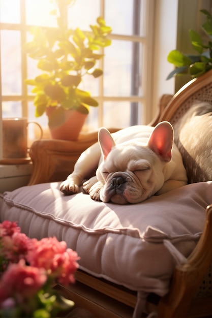 Foto gratuita vista del simpatico cane che dorme tranquillamente a casa