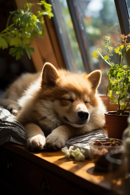 安らかに眠っているかわいい犬の眺め