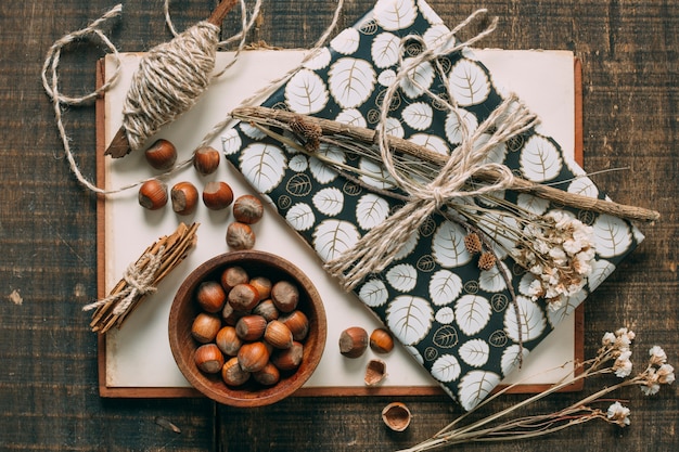 Above view decoration with presents and hazelnuts