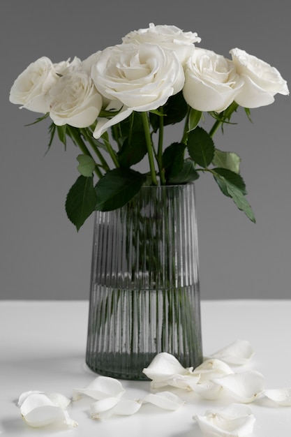 View of delicate white roses bouquet in vase