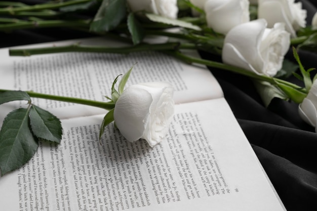 Взгляд нежных белых роз с книгой