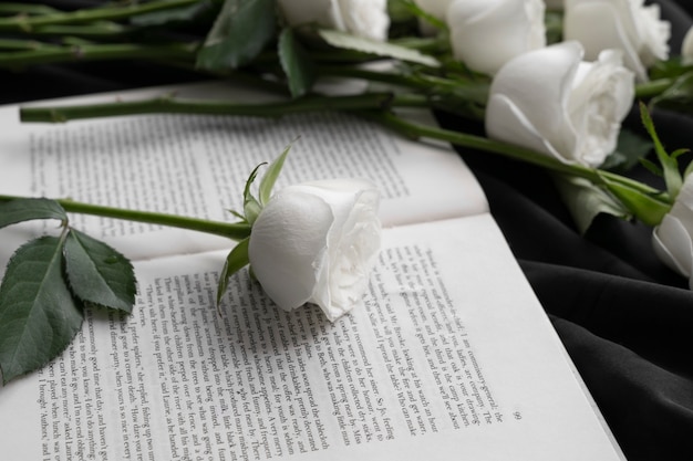 View of delicate white roses with book