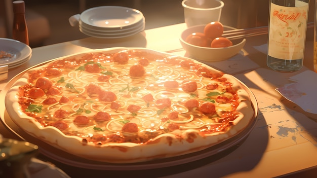 Vista di una deliziosa pizza in stile anime