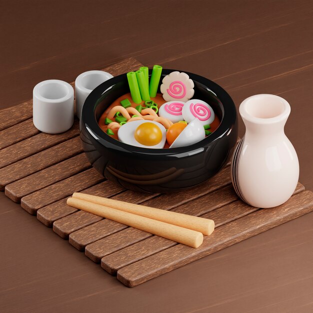 View of delicious asian food with 3d effect