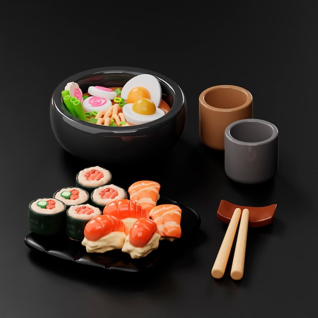 View of delicious asian food with 3d effect