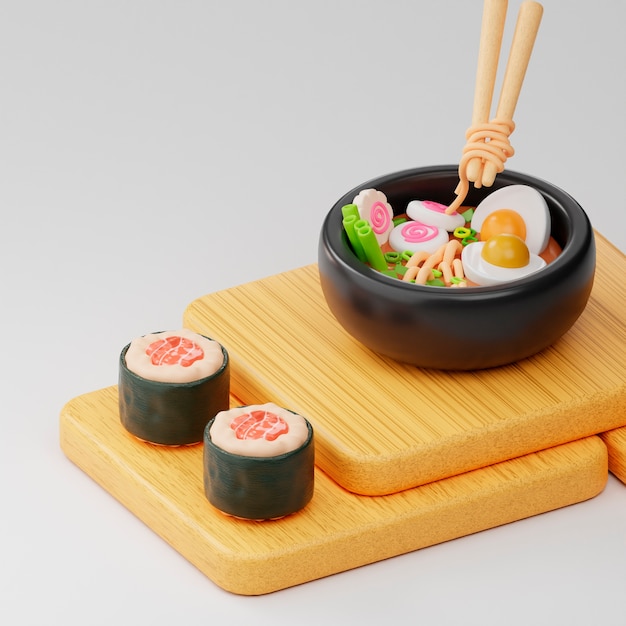 View of delicious asian food with 3d effect