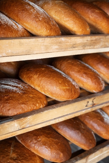 View of delicious baked bread in the pastry shop