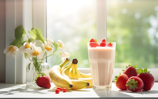 View of delicious banana shake with strawberries