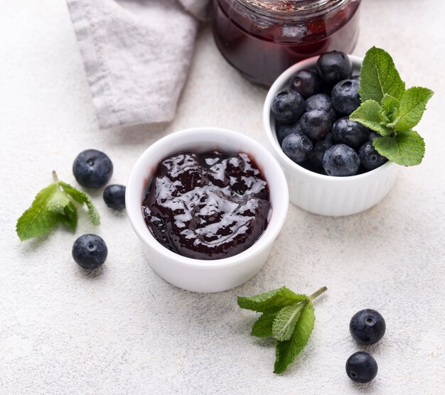 Above view delicious blueberry jam