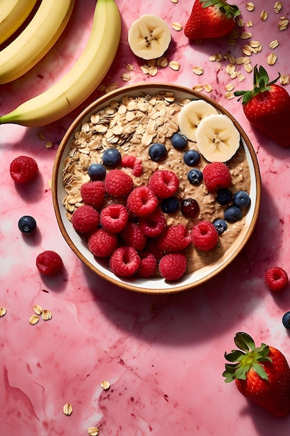 View of delicious breakfast bowl with banana and assortment of fruits